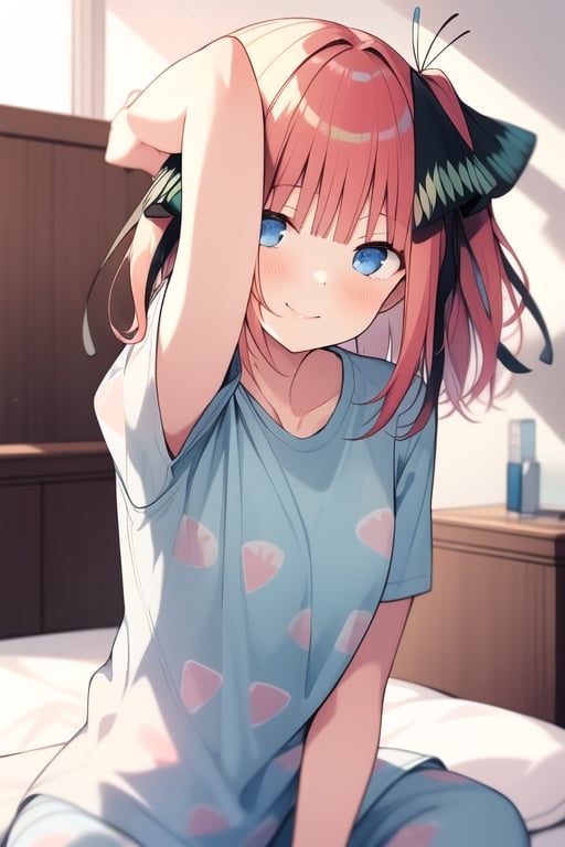 masterpiece, 1girl, pink-hair , ribbon, solo, smile, black ribbon, bedroom, rubbor, bed, short_sleeves, in bed, shiny_hair, next to viewer, white pillow, morning, waking up, pijama, blue pijama, sleeping, blue eyes, next to bed, stretching, excercise 