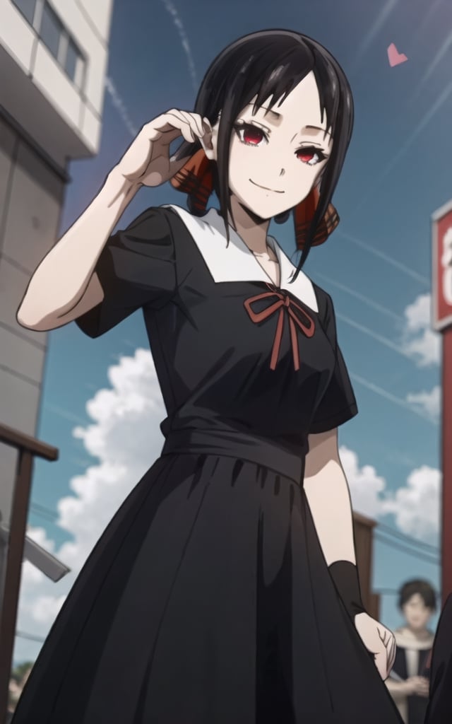 high_resolution, masterpiece, 1girl, black hair, female_solo, hair lock, small breast, solo, smile, closed smile ,rubbor, red eyes, girly_hair, cute, black dress, uniform, dress, ribbon, red ribbon, , face, Heart hands pose, pose,ff14bg,shinomiya kaguya, epic background,shinomiyakaguya, <3, sky, clouds ,black hair