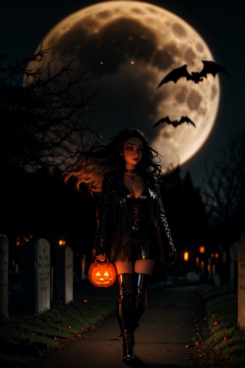 (masterpiece, best quality:1.2), full body shot, 16K, intricate details, highest resolution, perfect night time, holding a old 1800s lantern, unreal engine, detailed scene, a beautiful haunting young girl, pale skin, (extremely long black hair), hair flowing with the eerie wind, crows flying, nice natural breasts, wide hips with thicker tighs, candid shot, in a cemetery, at night, full moon, fog, standing by a few tombstones, wearing a latex outfit, gothic boots, black leather coat, underworld, vampire outfit, choker, halloween pumpkins decorating the path, perfecteyes,SAM YANG,perfecteyes