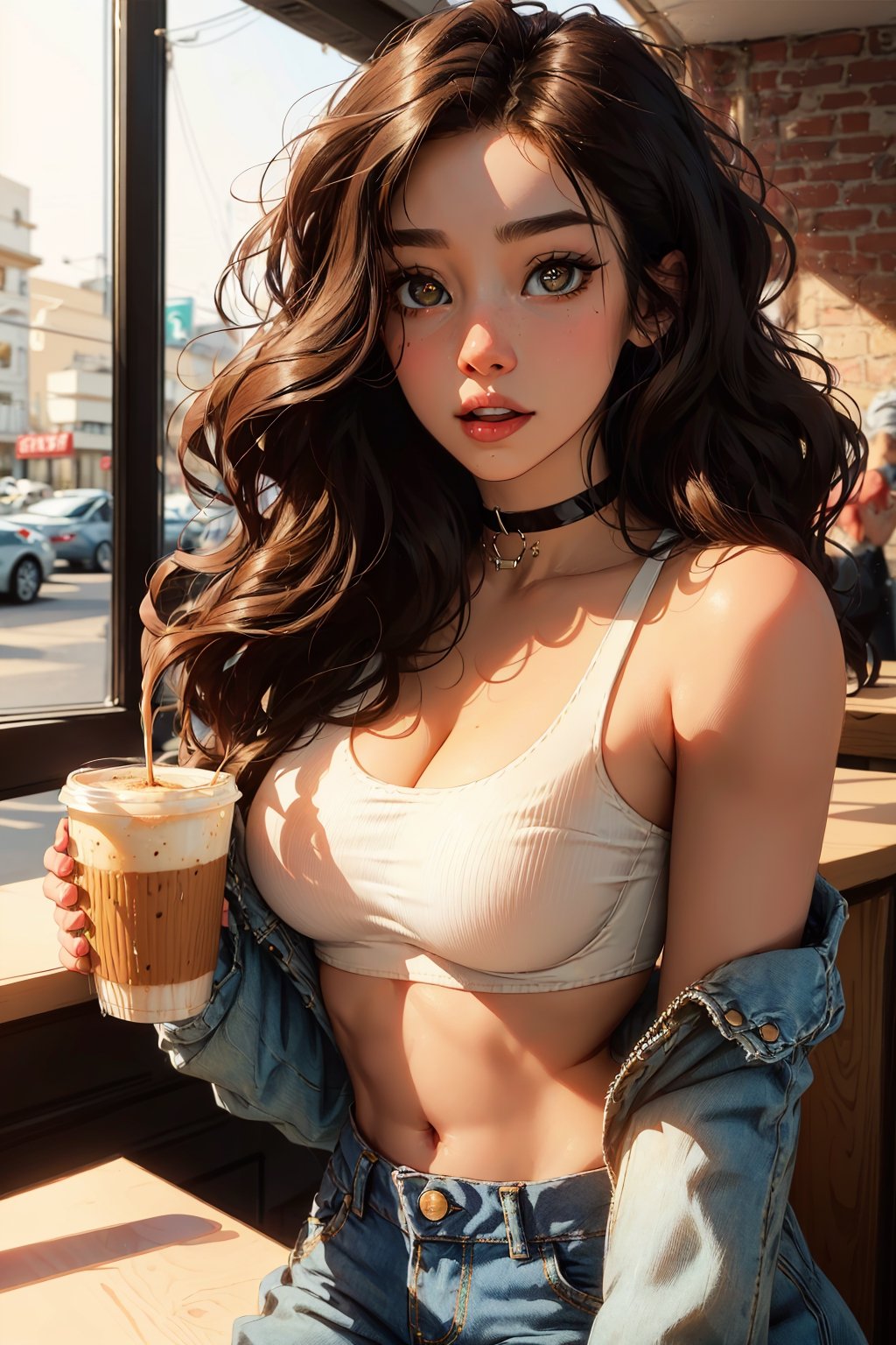 Masterpiece, eyes look away from viewer, 16k, intricate details, highest resolution, wide shot, day time, perfect lighting, unreal engine, colorful, elaborate and detailed scene, perfect pose, happy, playful, most beautiful girl, very long dark hair and wavy low top, nice breasts, wide hips, thick tighs, wide shot, fries, foam cup of coffee, cafe bokeh background, cropped sweater, sports bra, choker, high-waist jeans, SAM YANG, Detailed face