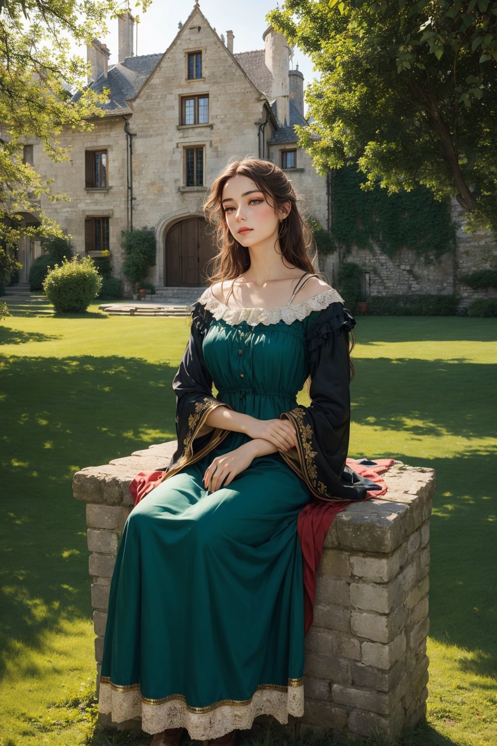 masterpiece, a 12th century french country girl sits by the castle walls, sewing her estate's heraldry flag, long dark flowing in the wind, she wears a 11th century nobility dress and she has vibrant green eyes and perfect features, perfect pale skin, most beautiful, like a bouguereau painting, beyond the castle is a rustic estate of farmhouses and a green scenery, golden sunlight, perfect lighting