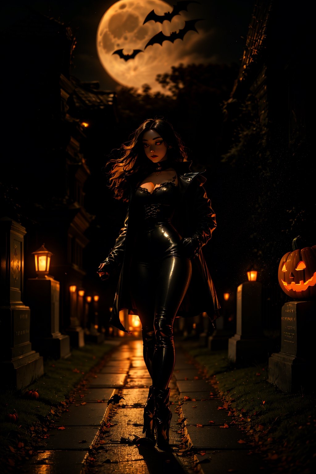 (masterpiece, best quality:1.2), full body shot, 16K, intricate details, highest resolution, perfect night time, holding a old 1800s lantern, unreal engine, detailed scene, a beautiful haunting young girl, pale skin, (extremely long black hair), hair flowing with the eerie wind, crows flying, nice natural breasts, wide hips with thicker tighs, candid shot, in a cemetery, at night, full moon, fog, standing by a few tombstones, wearing a latex outfit, gothic boots, black leather coat, underworld, vampire outfit, choker, halloween pumpkins decorating the path, halloween pumpkins on the floor, perfecteyes,SAM YANG,perfecteyes