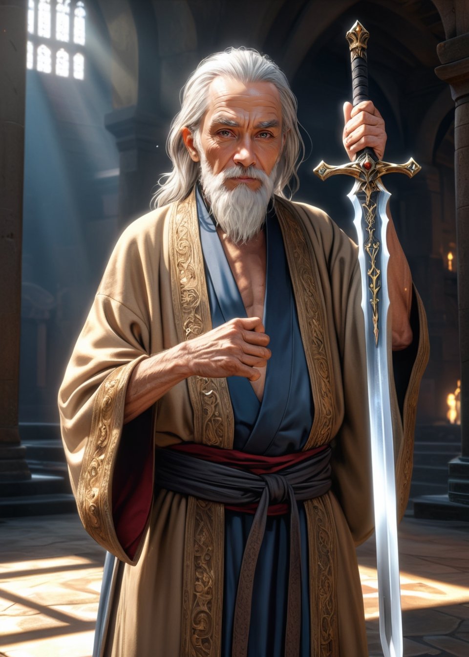 (spiritual Old man),((ultra-fine HDR)),extremely delicated and beautiful,8K,realistic,hyperrealism,holding Holy sword,