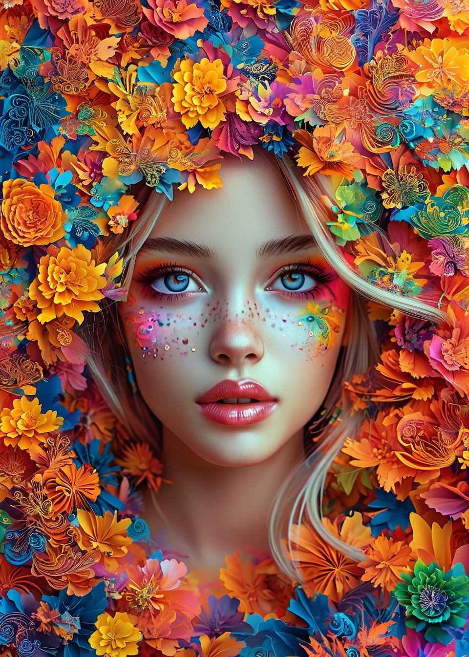 (Anime artwork depicting a girl's face within a vivid and abstract collage of colors and patterns). (The composition includes variety of fractal curvy patterns), all in bright and contrasting colors, extreamly delicated and beautiful,8K,ultra-fine pointillism,an indescribable atmosphere,(paper cutout picture style:1.2),