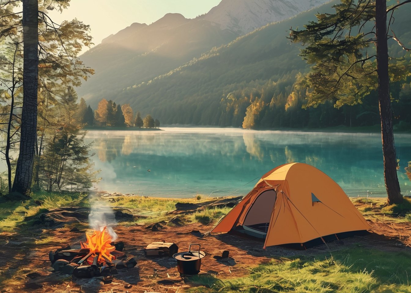 1girl  is wearing camping gear,illustration style,Camping,lakeside,extreamly delicate and beautiful,side Small_cozy bonfire on the ground,behind tent on the another ground,8K,(realistic:0.5),