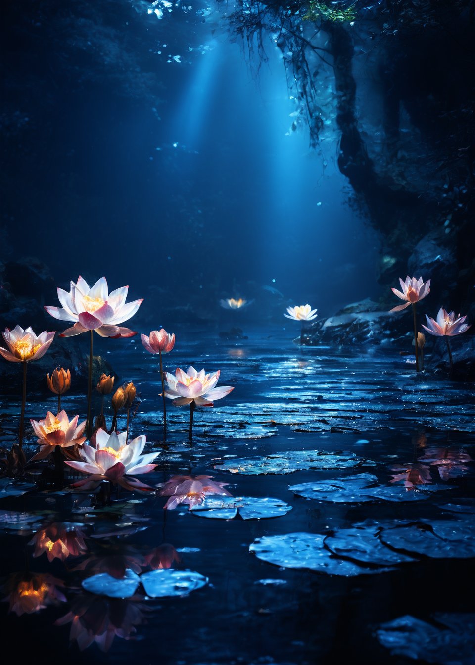 (ancient Lotus Pond),(ultra-fine deep marine blue HDR),lacquerwork,fusuma picture,extremely delicated and beautiful,8K,Matte color,(illustration Style),Lotus flowers,an indescribable atmosphere,A hazy and mysterious atmosphere,