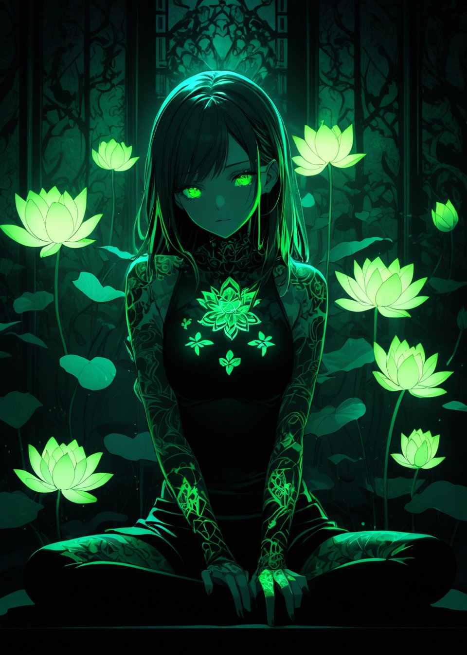 high-contrast shoujo manga image featuring a girl seated in a shadowy room, her body covered in glowing neon green lotus flowers tattoos. The light from the tattoos should create beautiful, intricate patterns on the surrounding surfaces, An indescribable atmosphere expression.