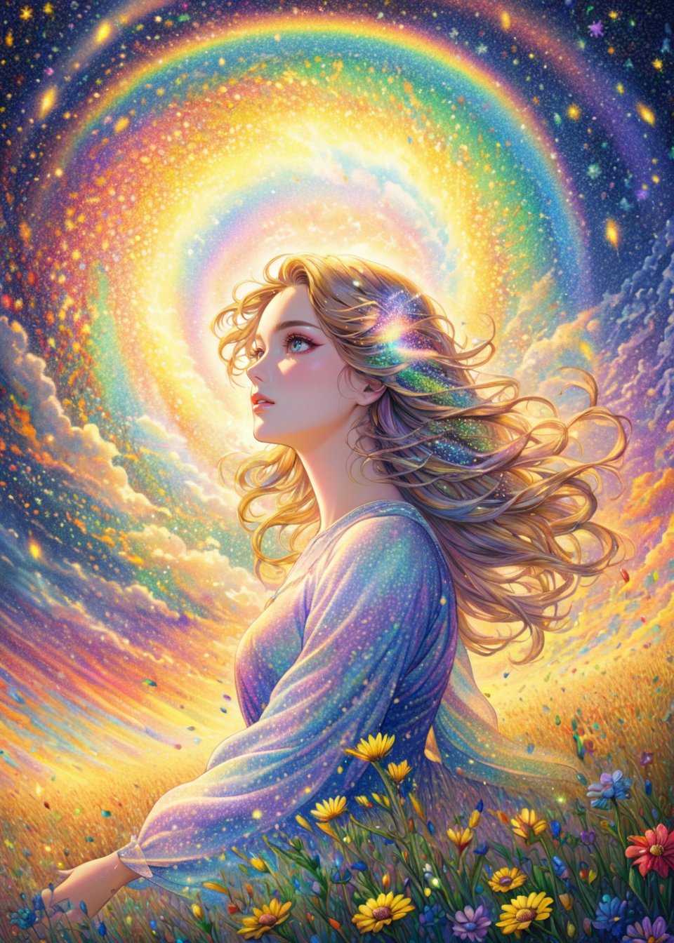 Colored pencils illustration style,(sacred lady),(ultra-fine Pointillism),extremely delicated and beautiful,8K,(whirlwind),(golden meadow),(rainbow colored aurora),