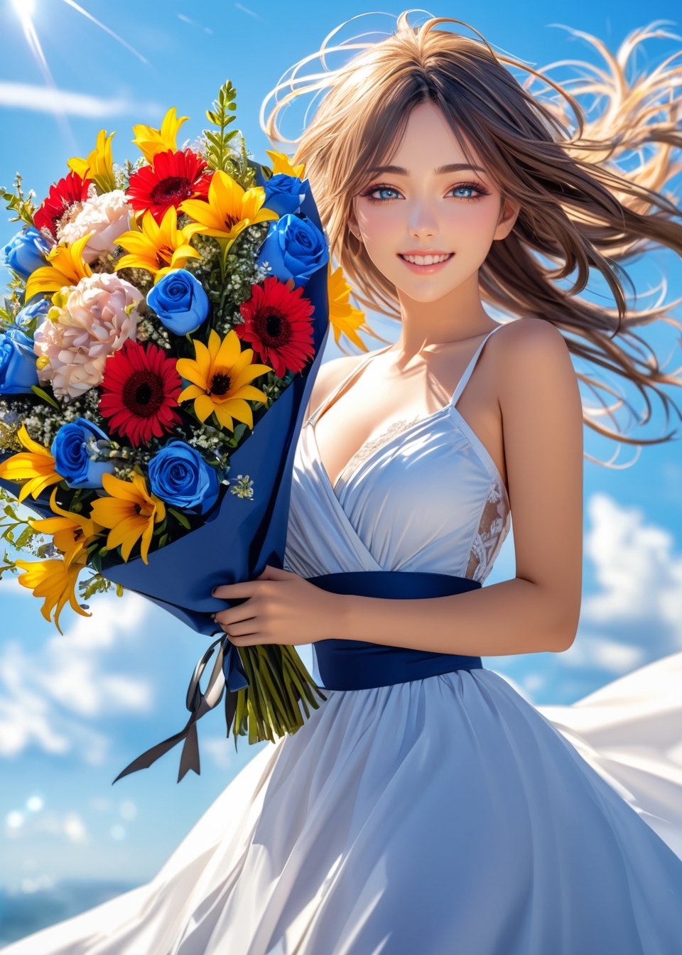 1 girl,bouquet,(ultra-fine HDR),extremely delicated and beautiful,8K,,windy,blue sky,smile up,