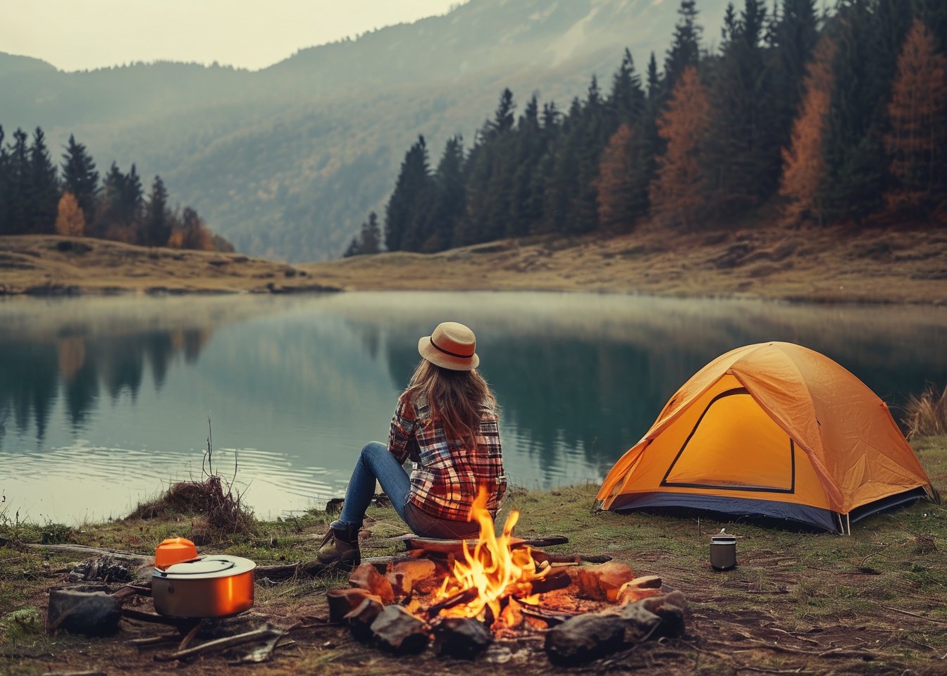 1girl  is wearing camping gear,illustration style,Camping,lakeside,extreamly delicate and beautiful,side Small_cozy bonfire on the ground,behind tent on the another ground,8K,(realistic:0.5),