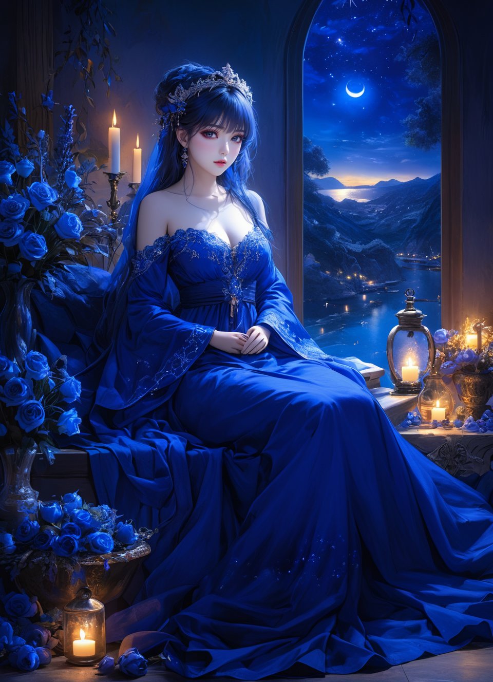 (sacred night),(ultra-fine deep ultramarine HDR),extremely delicated and beautiful,8K,deep ultramarine painting,