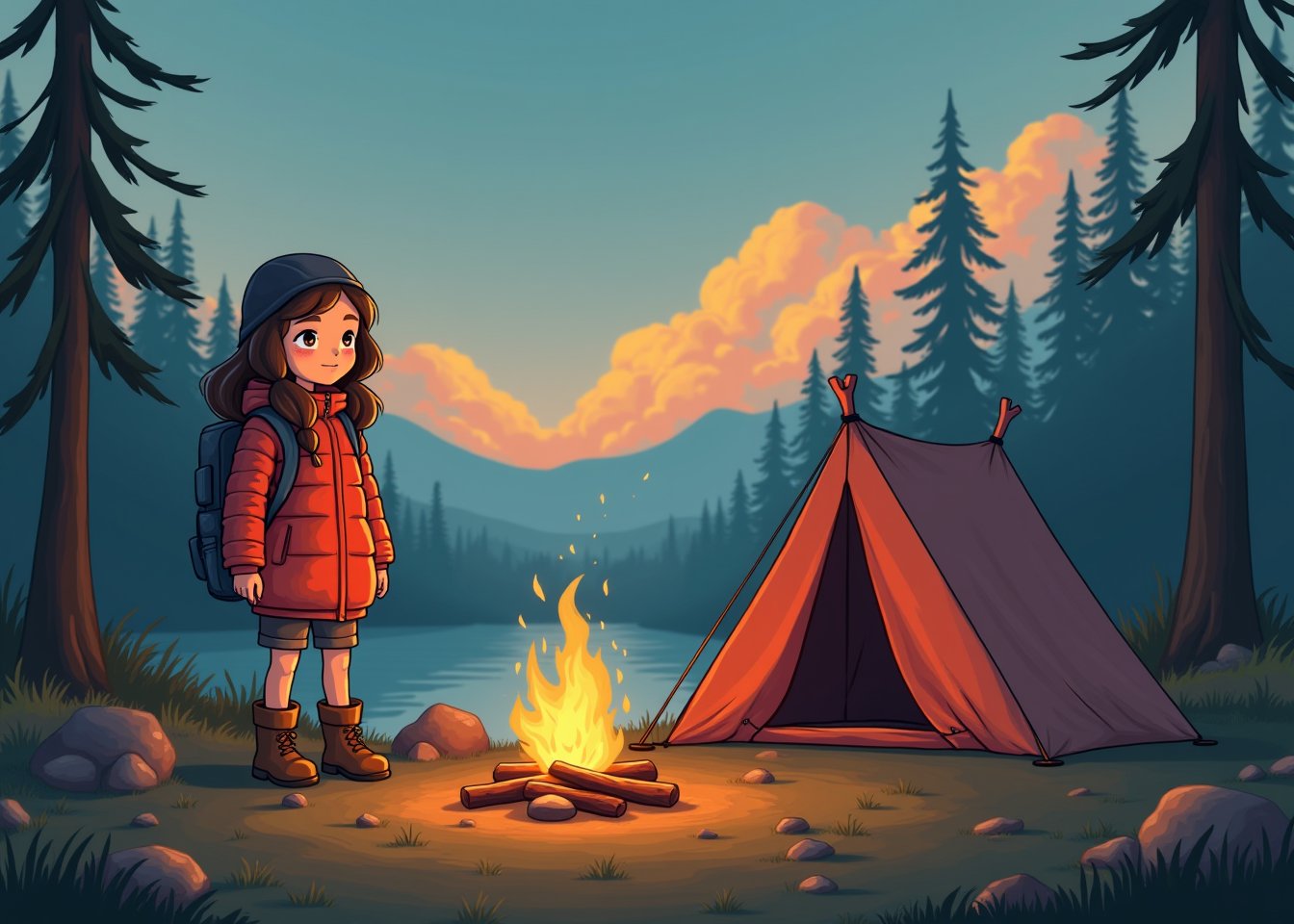 1girl  is wearing camping gear,illustration style,Camping,lakeside,extreamly delicate and beautiful,side Small_cozy bonfire on the ground,behind tent on the another ground,8K,(realistic:0.5),