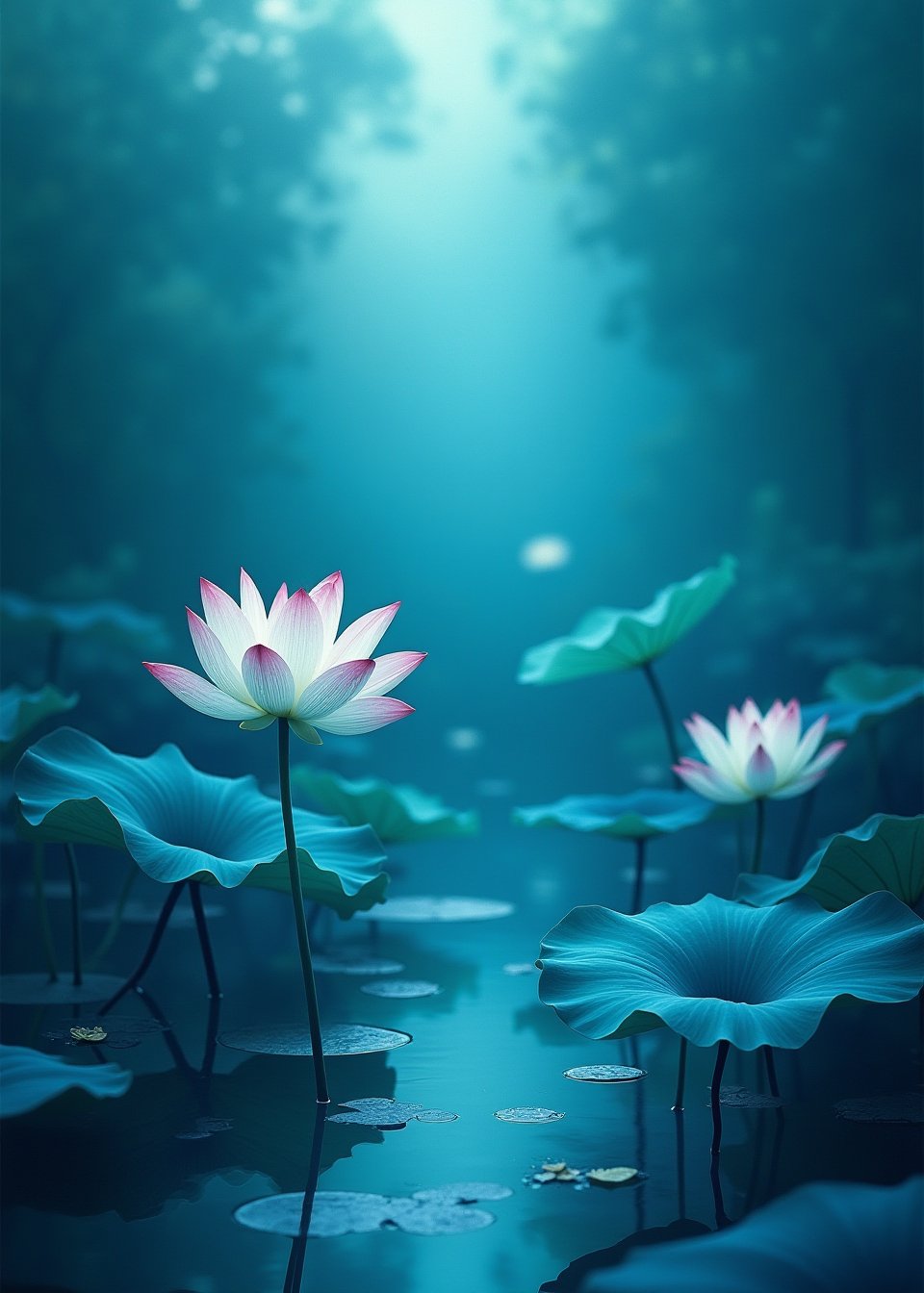 (ancient Lotus Pond),(ultra-fine deep marine blue HDR),lacquerwork,fusuma picture,extremely delicated and beautiful,8K,Matte color,(illustration Style),Lotus flowers,an indescribable atmosphere,A hazy and mysterious atmosphere,