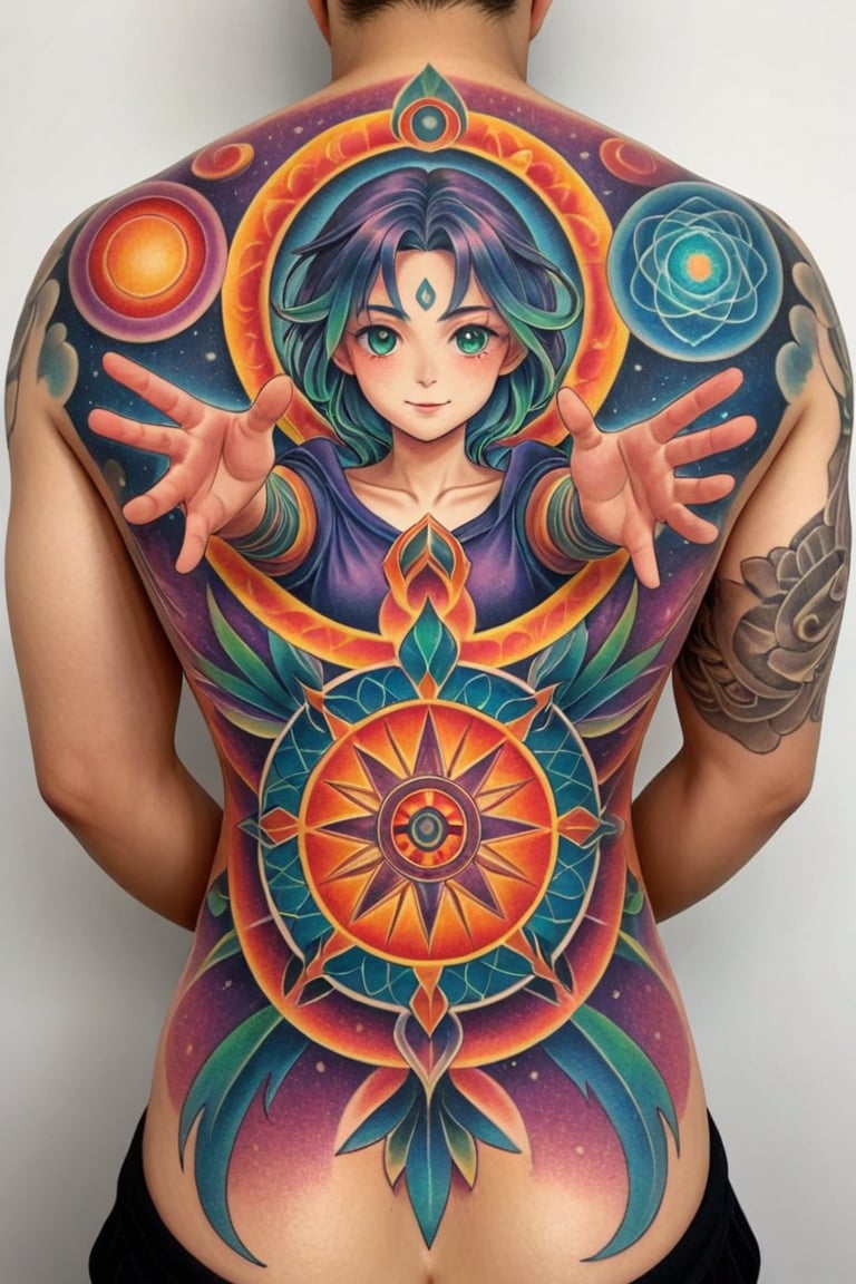 Imagine a detailed Magic Circle tattooed on someone's back,This vibrant and intricate tattoo glows and appears 3D,(ultra-fine HDR),Pointillism tattoo,FuturEvoLabTattoo,