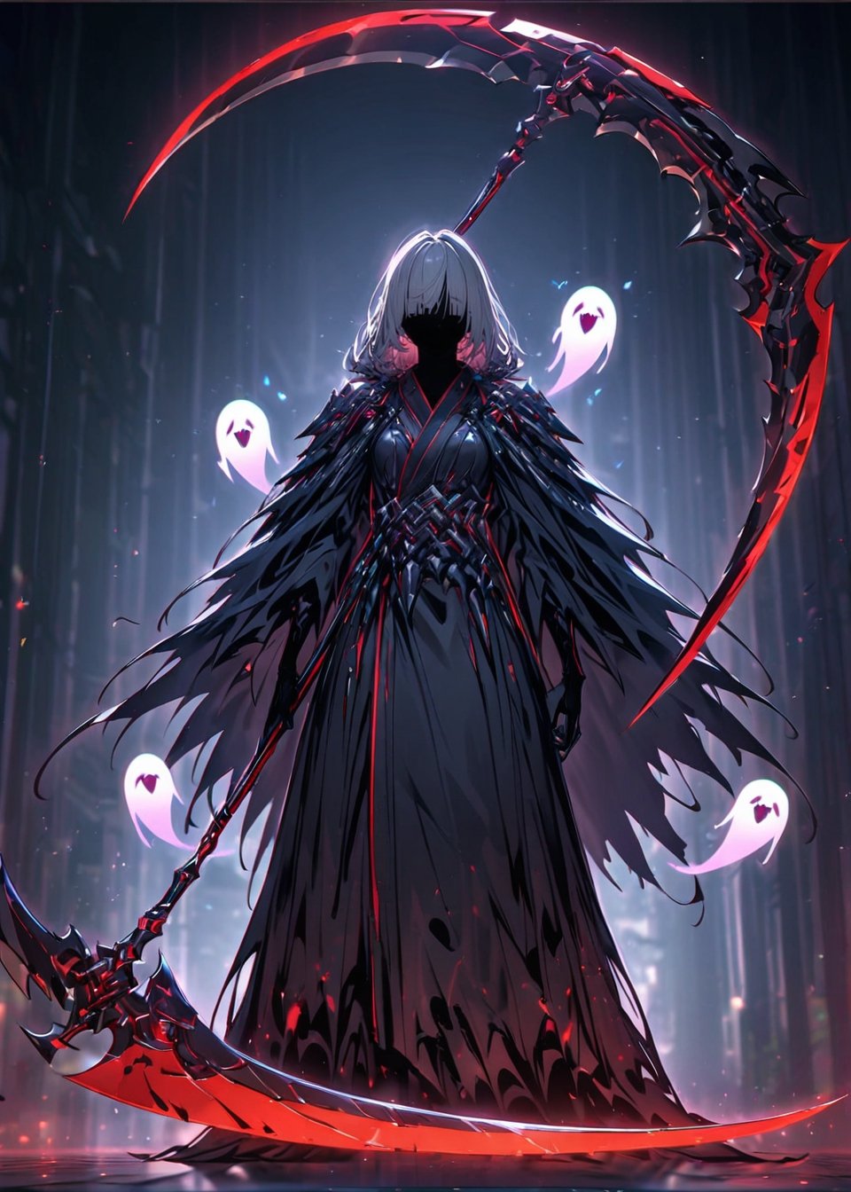 ((Little Ghost silhouette:1.8) wears a kimono stained red with blood),((ultra-fine HDR)),extremely delicated and beautiful,score_9,score_8_up,score_7_up,realistic,hyper realism,translucent_body,silver hair,((face hidden in the shadows:1.8)),Grim Reaper's Scythe,scythe,holding scythe,