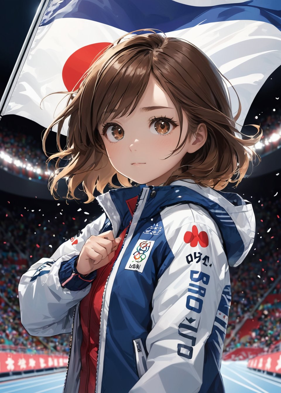 detailed illustration, dynamic angle, ultra-detailed, illustration, 1girl, Japan flag, white and blue jacket, medium, Olympic Awards Ceremony, olympic competition, black-brown eyes, bright eyes, podium, fingers,