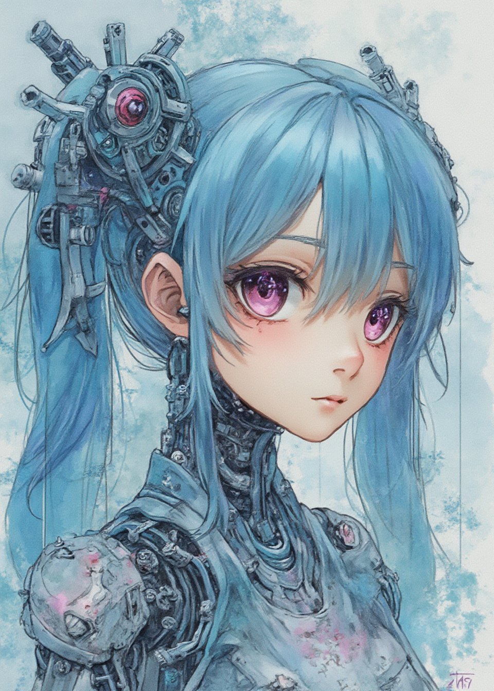 engineering drawing, detailed anime-style portrait of a cyborg girl with ponytails, 3/4 view, she has light blue hair and pink eyes, surrounded by intricate mechanical components, the overall aesthetic is futuristic and mechanical, with a soft color palette and backlighting that enhances the ethereal, high-tech atmosphere,an indescribable atmosphere,
(ultra-fine deep ultramarine water color painting),extremely delicated and beautiful,8K,lacquerwork,