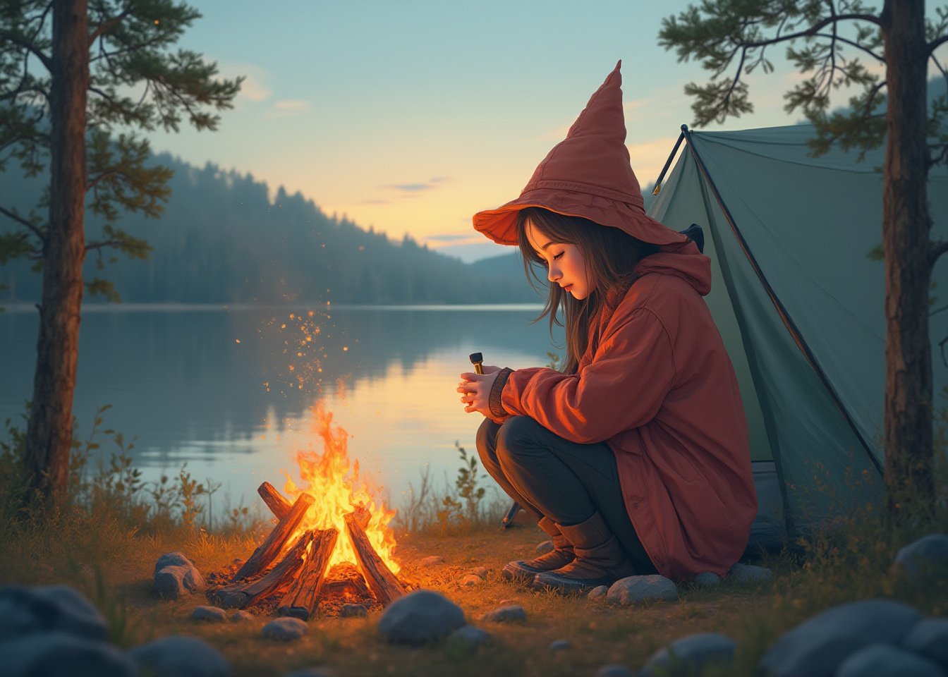 1girl  is wearing camping gear,illustration style,Camping,lakeside,extreamly delicate and beautiful,side Small_cozy bonfire on the ground,behind tent on the another ground,8K,