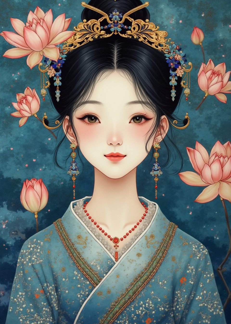 (ancient traditional Chinese lady:1.2),(ultra-fine deep Ultramarine pointillism),lacquerwork,fusuma picture,extremely delicated and beautiful,8K,faint smile,Matte color,(realistic Style),(beautiful detailed eyes:1.2),Lotus flowers,an indescribable atmosphere