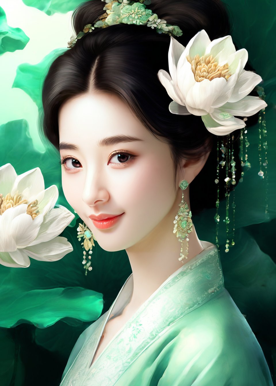 (ancient traditional Chinese lady),(ultra-fine Pale green pointillism),lacquerwork,fusuma picture,extremely delicated and beautiful,8K,faint smile,Matte color,(illustration Style),(beautiful detailed eyes:1.2),Lotus flowers,an indescribable atmosphere,super model,