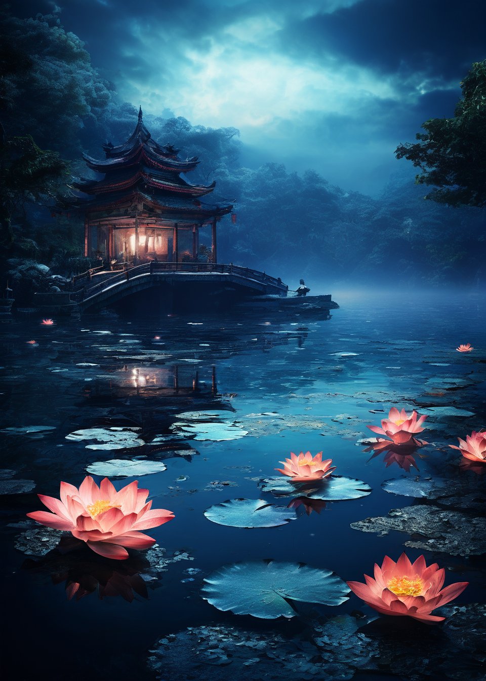 (ancient Lotus Pond),(ultra-fine deep marine blue HDR),lacquerwork,fusuma picture,extremely delicated and beautiful,8K,Matte color,(illustration Style),Lotus flowers,an indescribable atmosphere,A hazy and mysterious atmosphere,