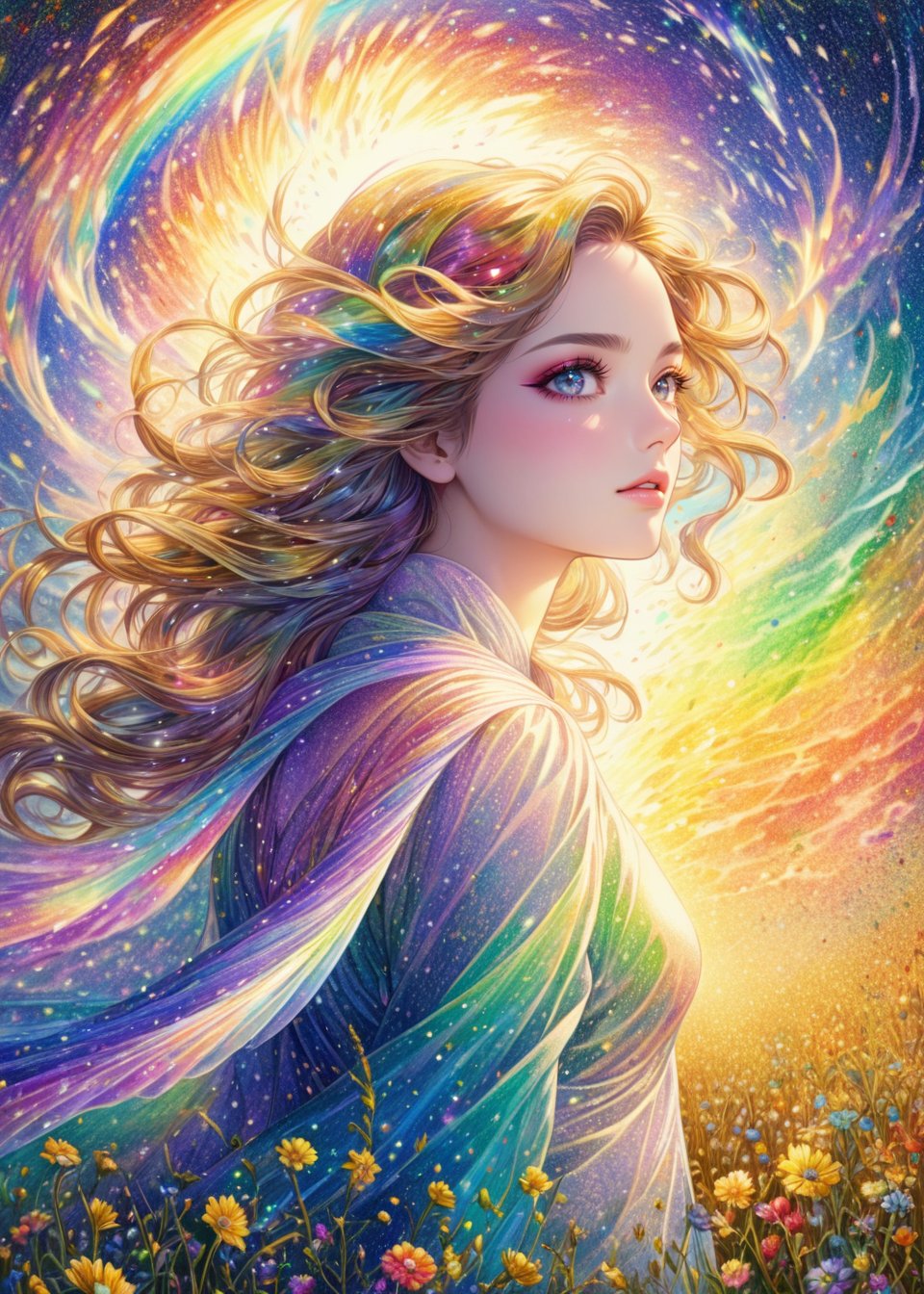 Colored pencils illustration style,(sacred lady),(ultra-fine Pointillism),extremely delicated and beautiful,8K,(whirlwind),(golden meadow),(rainbow colored aurora),