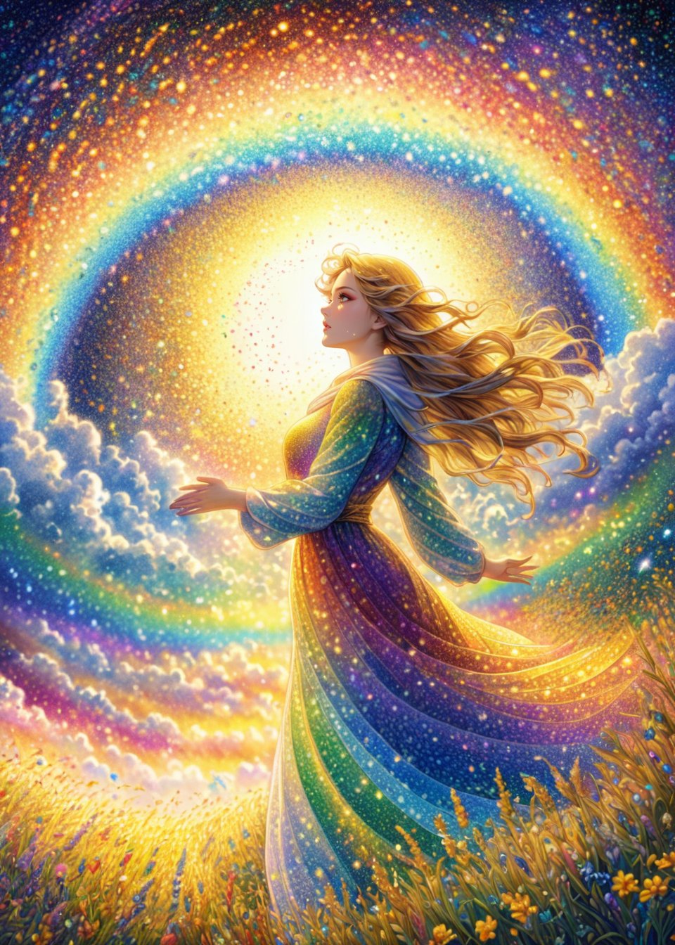 Colored pencils illustration style,(sacred lady),(ultra-fine Pointillism),extremely delicated and beautiful,8K,(whirlwind),(golden meadow:1.2),(rainbow colored aurora),