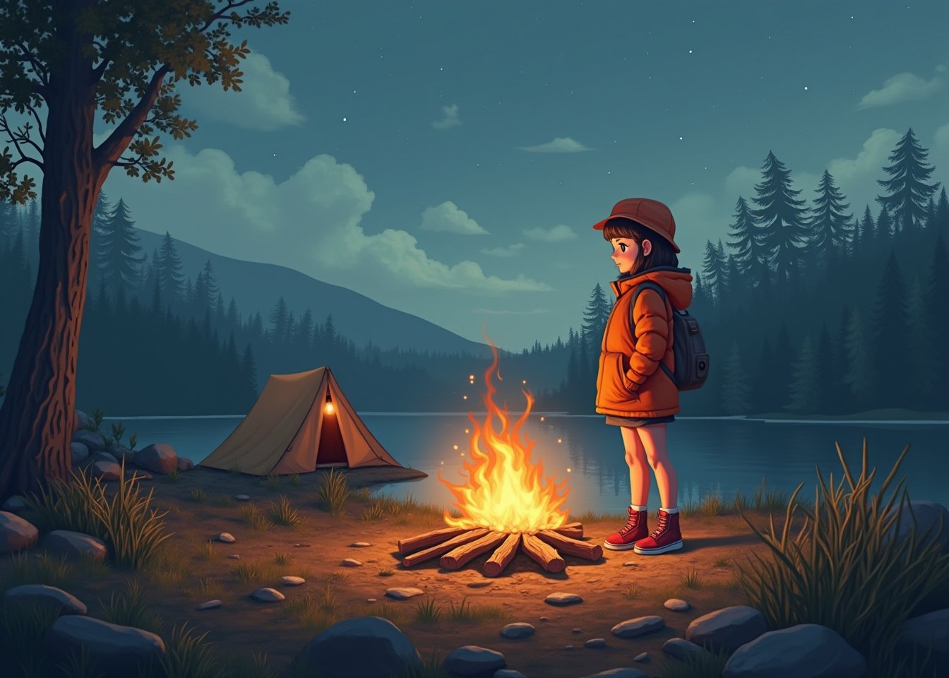 1girl  is wearing camping gear,illustration style,Camping,lakeside,extreamly delicate and beautiful,side Small_cozy bonfire on the ground,behind tent on the another ground,8K,(realistic:0.5),