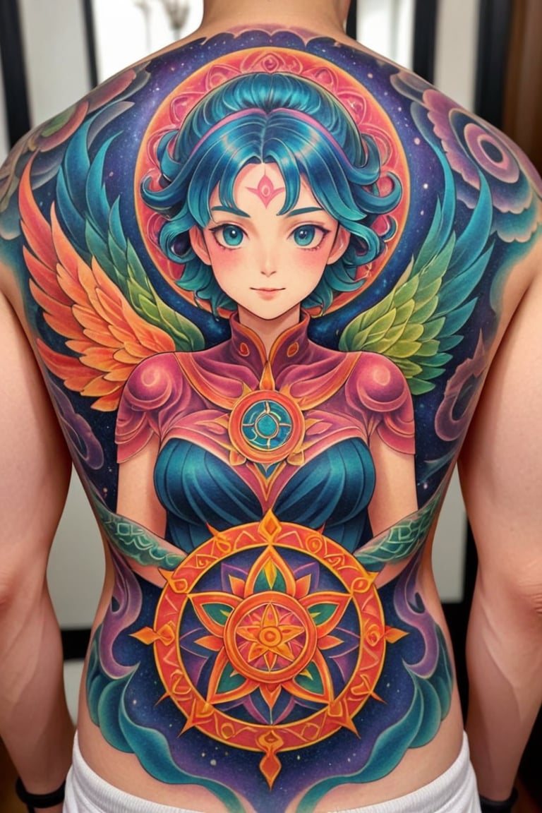 Imagine a detailed Magic Circle tattooed on someone's back,This vibrant and intricate tattoo glows and appears 3D,(ultra-fine HDR),Pointillism tattoo,FuturEvoLabTattoo,