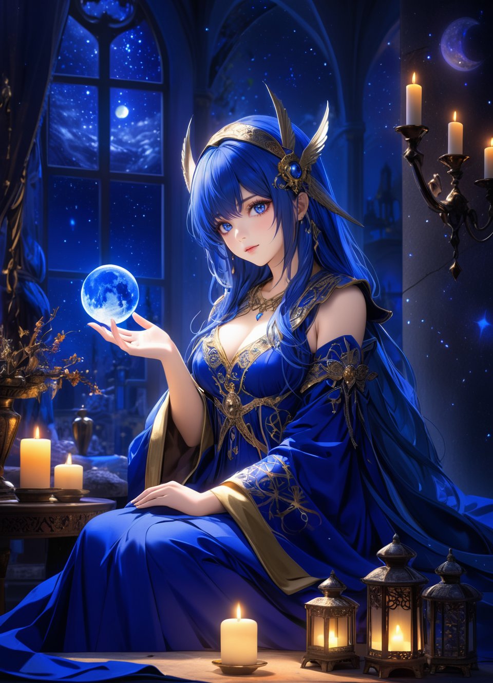 (sacred night and magic caster),(ultra-fine deep ultramarine HDR),extremely delicated and beautiful,
