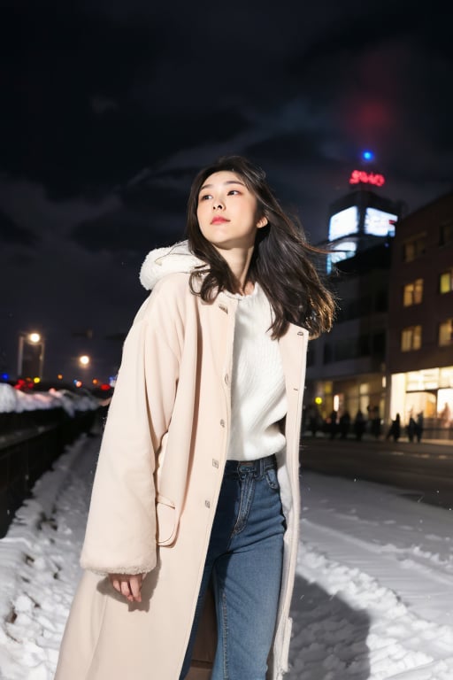 cute girl, long hair, fashion coat, pink winter coat, Jeans, standing looking up at the sky as snow is falling, winter night city, cloudy, 4K, ultra HD, RAW photo, realistic, masterpiece, best quality, beautiful skin, white skin, 50mm, medium shot, outdoor, half body, photography, Portrait, ,chinatsumura, high fashion, snowflakes, warm lighting