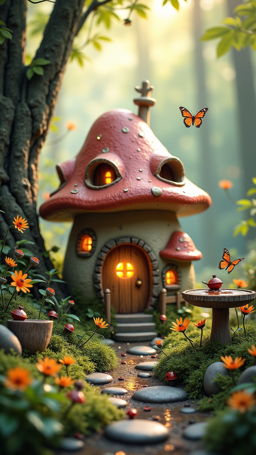 A whimsical fairy village scene: A mushroom-shaped fairy house with Bones,thatched roof and small windows, nestled among lush vegetation, wildflowers, and mossy stones. Fairy lights twinkle amidst miniature gardening tools and bird baths adorned with acorn hats. Butterflies and ladybugs flit about, as dew-kissed leaves and morning mist create a soft, dreamy atmosphere. Sunlight filters through the trees, casting a warm glow on the pastel-hued village, surrounded by enchanting forest backgrounds featuring intricate botanical details.