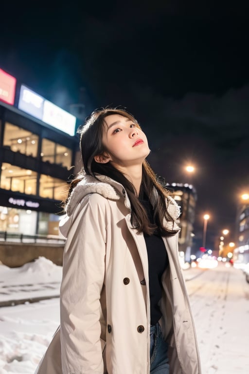 cute girl, long hair, fashion coat, pink winter coat, Jeans, standing looking up at the sky as snow is falling, winter night city, cloudy, 4K, ultra HD, RAW photo, realistic, masterpiece, best quality, beautiful skin, white skin, 50mm, medium shot, outdoor, half body, photography, Portrait, ,chinatsumura, high fashion, snowflakes, warm lighting