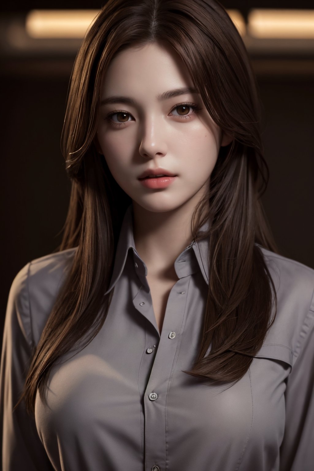 photorealistic, masterpiece, best quality, raw photo, 1girl, medium breasts, long hair, brown hair, collared shirt, looking at viewer, dynamic lighting, in the dark, deep shadow, low key, intricate detail, detailed skin, pore, highres, hdr