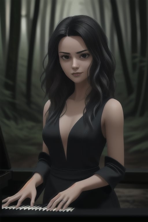 A woman, with wavy black hair, black eyes, wearing very elegant black attire, playing an ancient piano. In the background, mysterious figures can be seen in a dense forest. Cinematic composition, wide shot showing the woman surrounded by the forest.