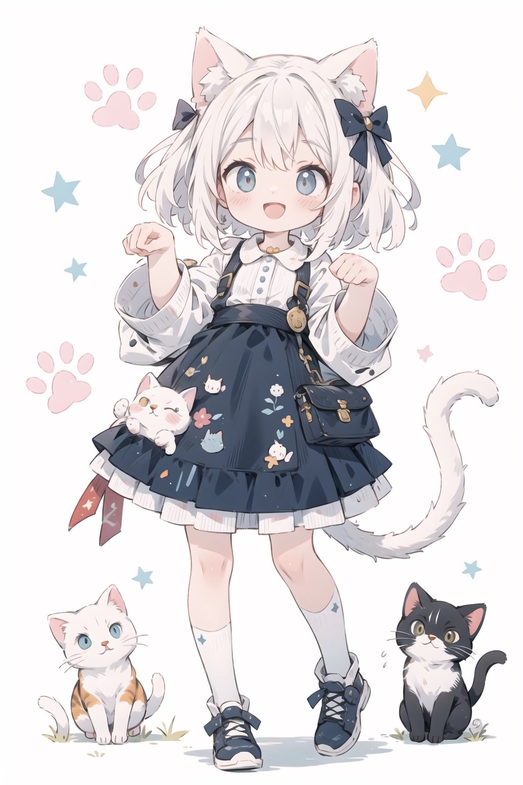 absurdres, highres, colorful BREAK one (loli:0.4) cat girl and small kittens cats, paw pose, white cat, cat ears, cat tail, (smile, happy), open mouth, colorful pattern, Cat face pattern, Footprint pattern, (fullbody:0.8) BREAK (solo:1.3), (cute illustration:0.5),(fuwafuwa illustration:0.8), (white background:0.25), standing BREAK