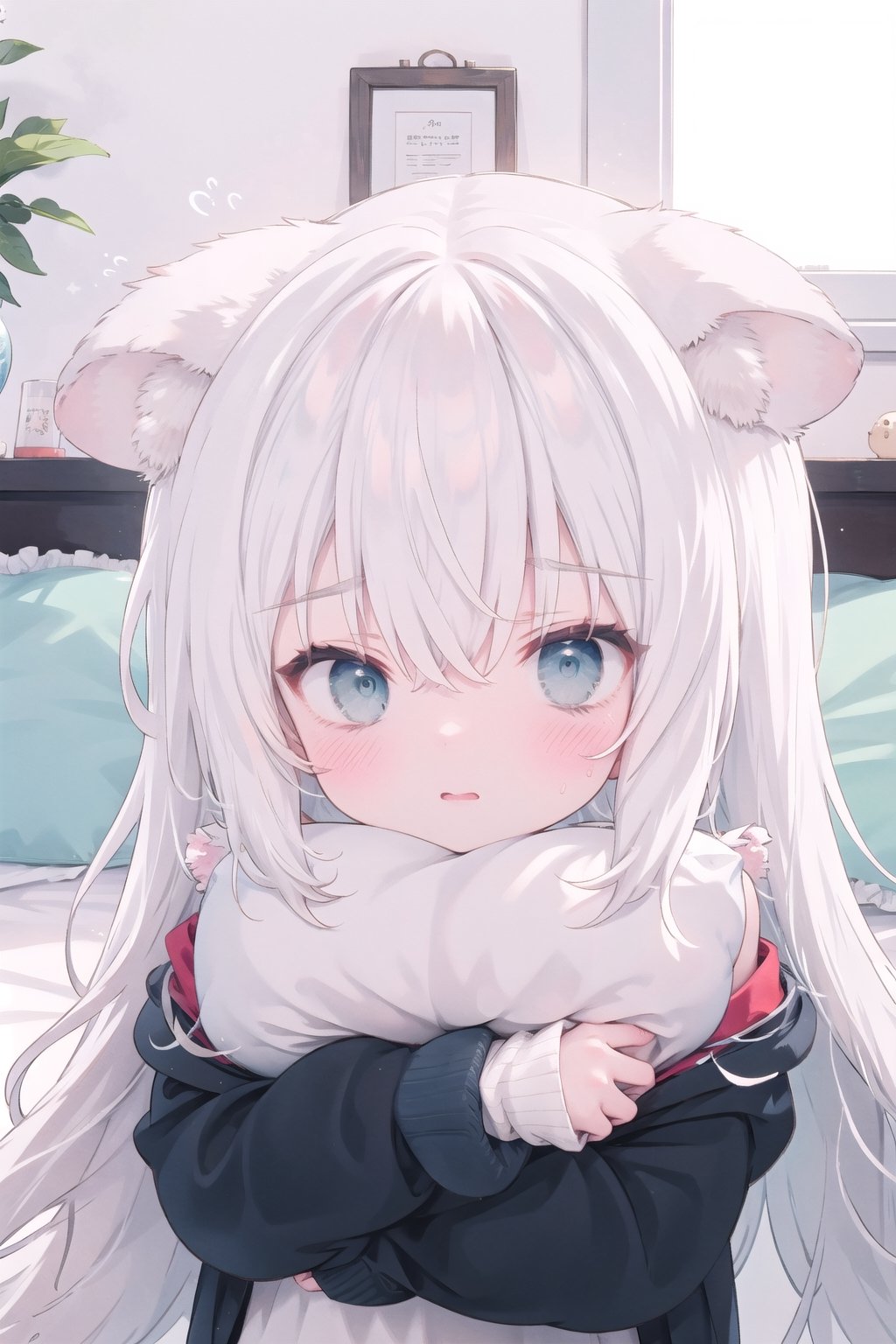 bedroom,pillow hug,pillow,1girl,solo,upper_body,1girl,solo,animal ears,long hair,animal ear fluff,cat ears,white hair,cat girl,very long hair,ahoge,nude,loli,blue eyes,shy, blushing, ears down