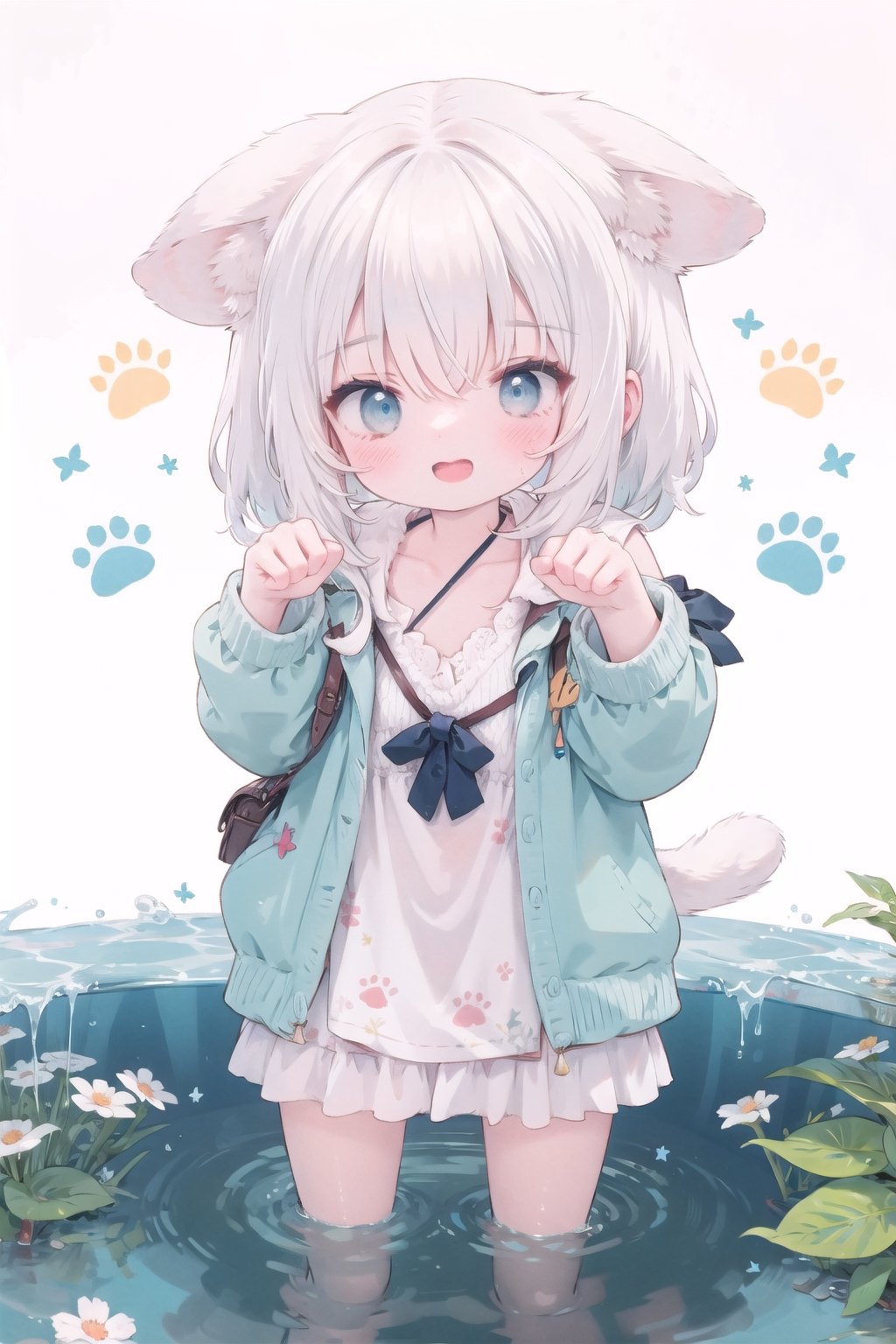 absurdres, highres, colorful BREAK one (loli:0.4) cat girl and small kittens cats, paw pose,white hair, white cat, cat tail, (smile, happy), open mouth, colorful pattern, Cat face pattern, Footprint pattern, (fullbody:0.8) BREAK (solo:1.3), (cute illustration:0.5),(fuwafuwa illustration:0.8), (white background:0.25), standing BREAK, (ears down:1.5), blue eyes,
,ears down