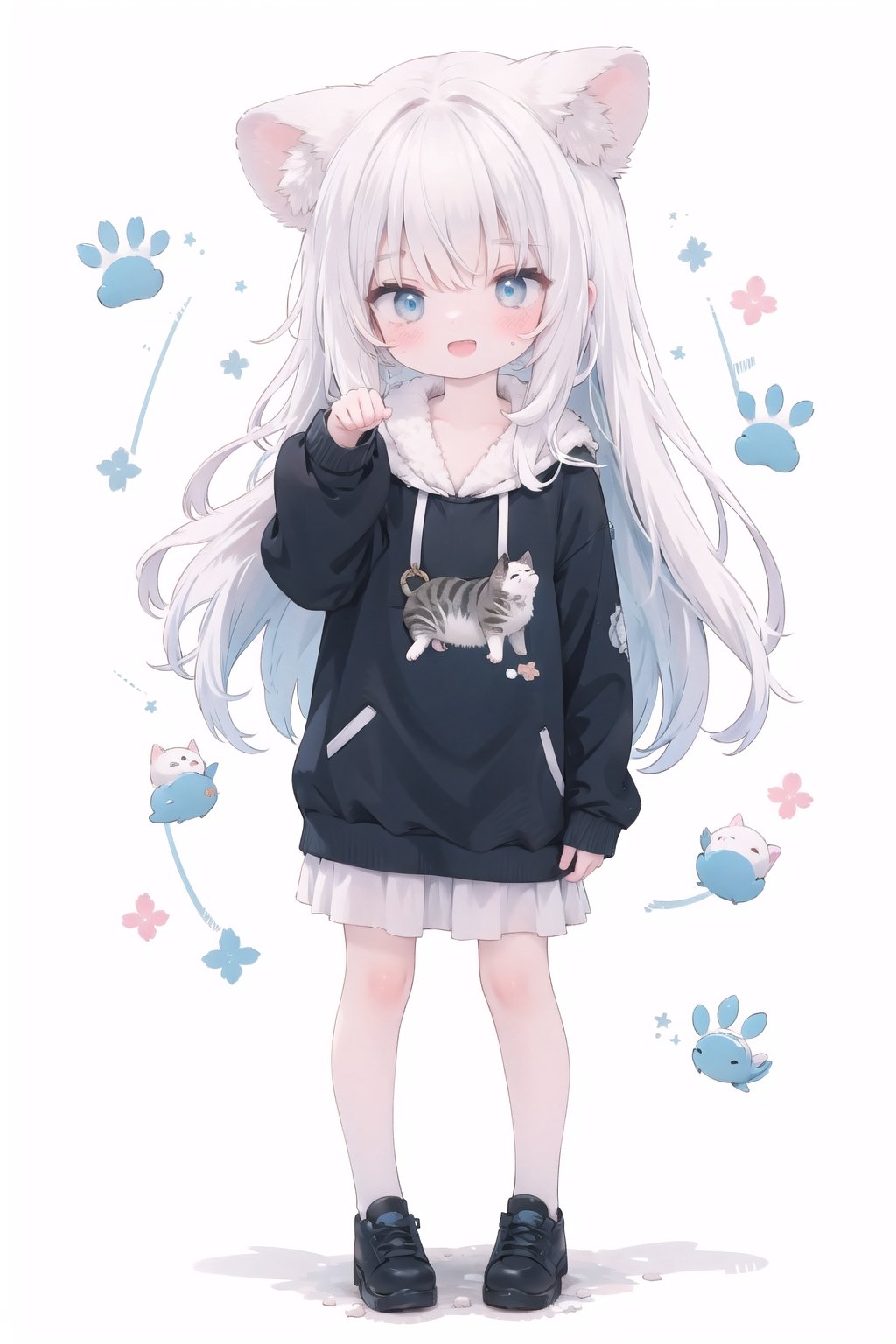 absurdres, highres, colorful BREAK one (loli:0.4) cat girl and small kittens cats, paw pose,white hair, white cat, cat tail, (smile, happy), open mouth, colorful pattern, Cat face pattern, Footprint pattern, (fullbody:0.8) BREAK (solo:1.3), (cute illustration:0.5),(fuwafuwa illustration:0.8), (white background:0.25), standing BREAK, (ears down:1.5), blue eyes,
