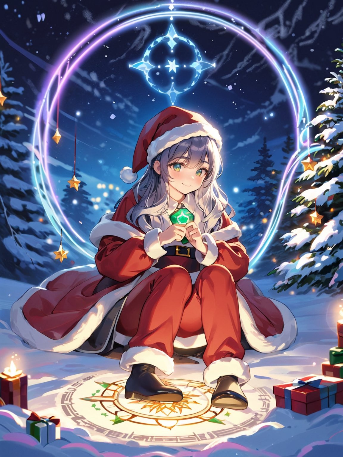 (masterpiece, top quality, best quality, highres, extremely detailed CG, 8k:1.2),
(Illustration, focus, perfect lighting, :1.0), (official art, beautiful and aesthetic:1.0), 
santa, night with bright colorful lights, When the magic circle on the ground is activated, Santa sitting,shigure \(blue archive\)