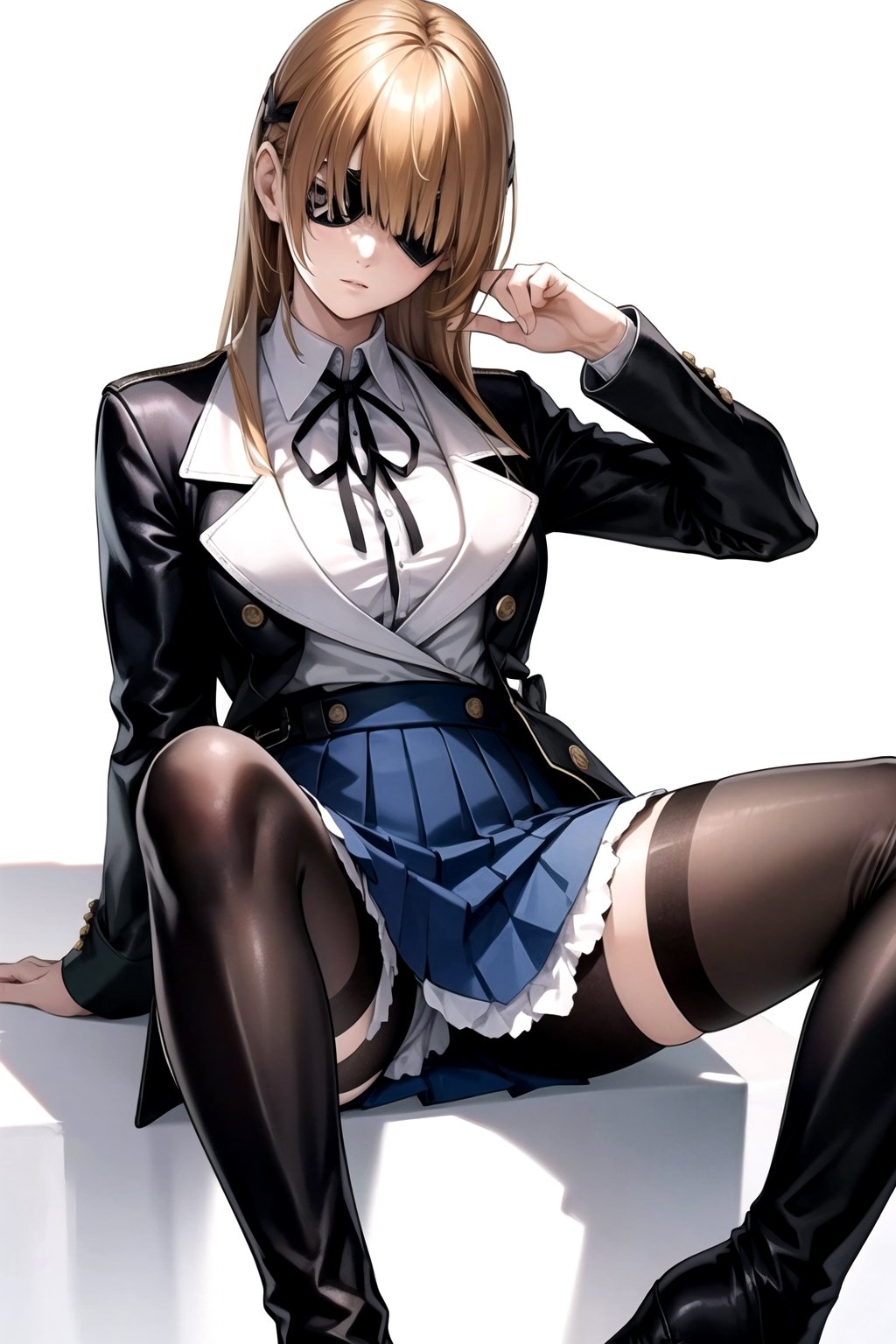 //Quality,
masterpiece, best quality
,//Character,
1girl, solo
,//Fashion, 
,//Background,
white_background
,//Others,
,spread legs
,Ophelia, long hair, blue eyes, skirt, brown hair, shirt, long sleeves, ribbon, jacket, white shirt, pantyhose, boots, collared shirt, blue skirt, black jacket, black pantyhose, black ribbon, neck ribbon, brown footwear, eyepatch, knee boots