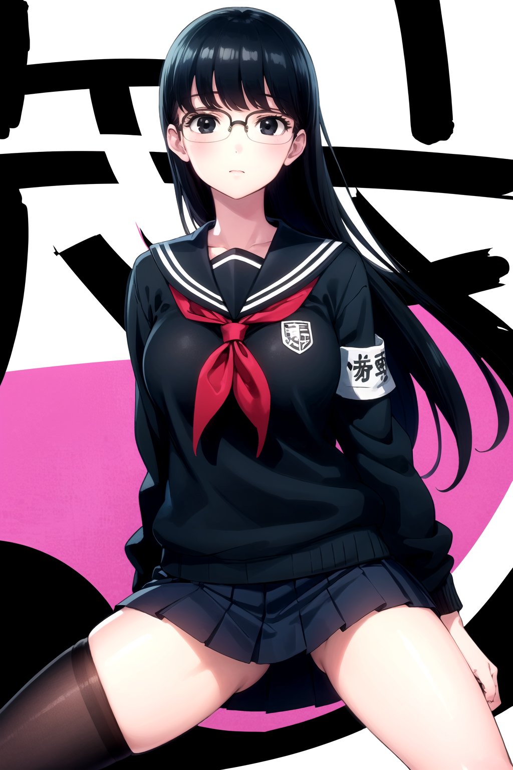 //Quality,
masterpiece, best quality
,//Character,
1girl, solo
,//Fashion, 
,//Background,
white_background
,//Others,
,spread legs, 
,kyouko kuroyuri, long hair, black hair, (black eyes:1.5), glasses, skirt, school uniform, pantyhose, pleated skirt, serafuku, armband, (black shirt:1.2)