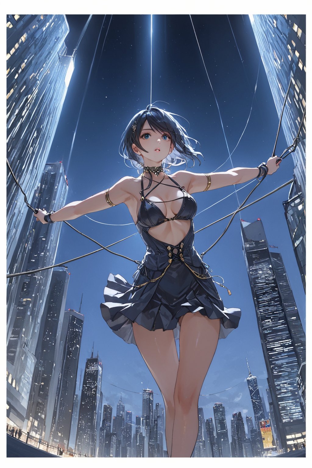 masterpiece, best quality, 8k, 8k UHD, ultra-high resolution, ultra-high definition, highres, cinematic lighting
,//Character, 
1girl, solo
,//Fashion, 
,//Background, 
,//Others, ,Expressiveh, hentai, 
A woman performing a high-wire act between skyscrapers, city lights twinkling far below.