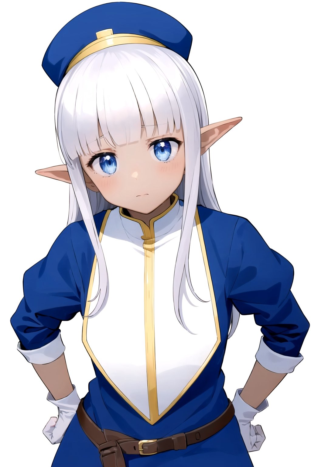 masterpiece, best quality
,//Character,
1girl, solo
,//Fashion, 
,//Background,
white_background, simple_background, blank_background
,//Others,
,Karla (kono healer mendokusai), white_hair, dark skin, dark-skinned female, blue headwear, leather_belt, blue_pants, tunic, blue_tunic, stole, blue_sleeves, white_gloves, blue_eyes, elf_ears, straight_hair, hime_cut, and blunt_bangs