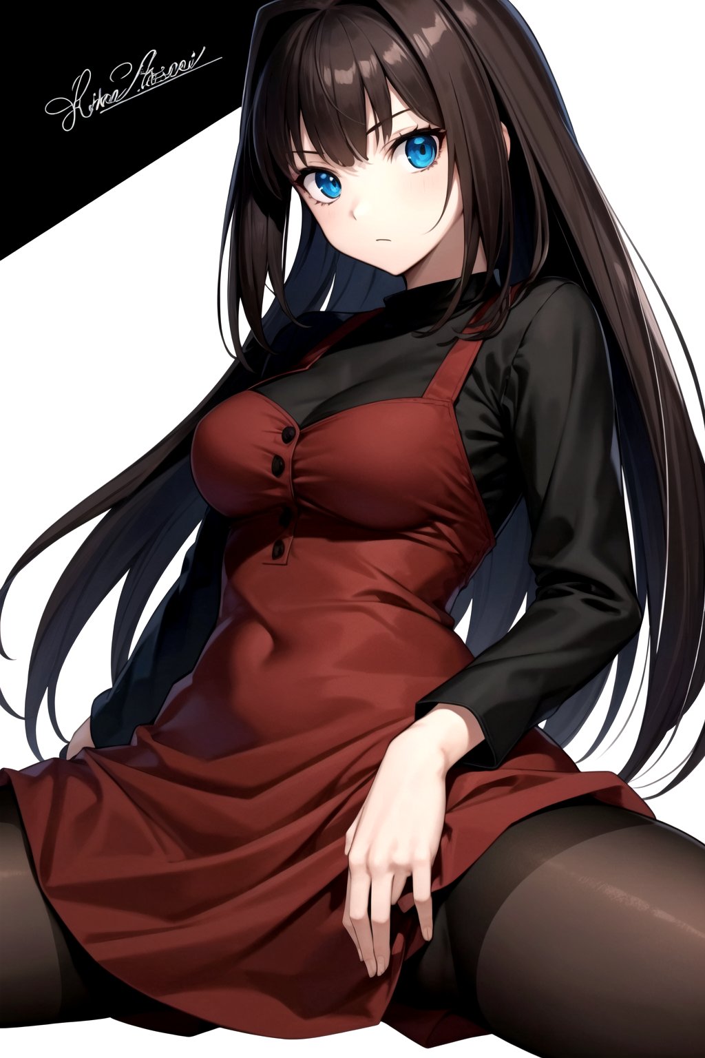 //Quality,
masterpiece, best quality
,//Character,
1girl, solo
,//Fashion, 
,//Background,
white_background
,//Others,
,spread legs, 
,aaaoko, long hair, brown hair, black shirt, red dress, long sleeves, black pantyhose