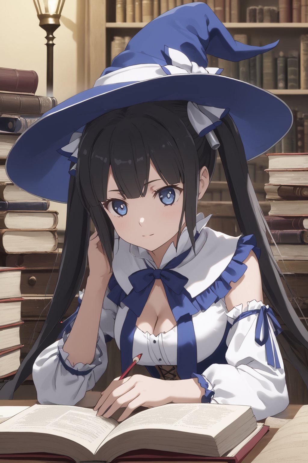 masterpiece, best quality, highres
,//Character, 
1girl,hestia, black hair, blue eyes,
twin tails/long hair, hair ornament
,//Fashion, 

,//Background, 
,//Others, ,Expressiveh, 
A girl in a witch's hat reading a large, ancient grimoire, magical symbols floating around her in a swirling pattern.