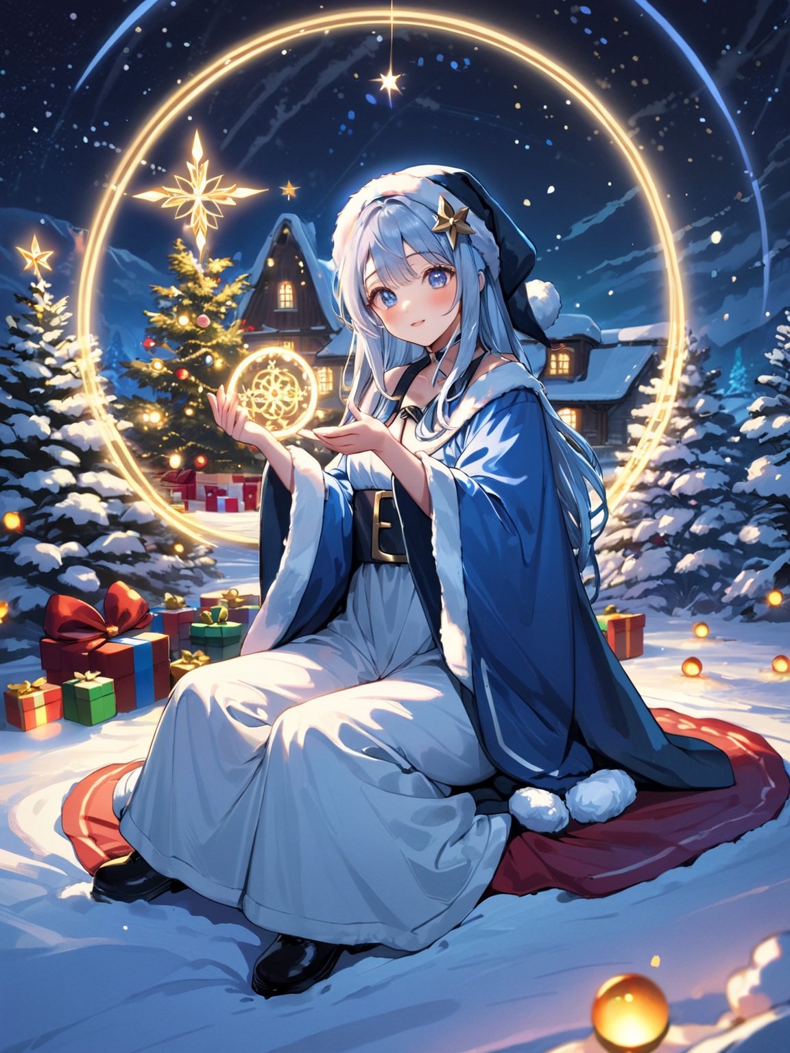 (masterpiece, top quality, best quality, highres, extremely detailed CG, 8k:1.2),
(Illustration, focus, perfect lighting, :1.0), (official art, beautiful and aesthetic:1.0), 
,night with bright colorful lights, When the magic circle on the ground is activated, Santa sitting,shigure \(blue archive\)