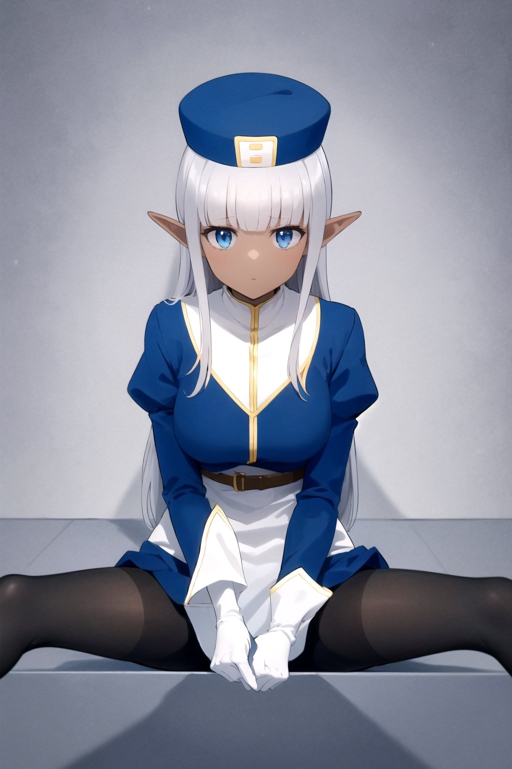 masterpiece, best quality
,//Character,
1girl, solo
,//Fashion, 
,//Background,
white_background, simple_background, blank_background
,//Others,
,Karla (kono healer mendokusai), white_hair, dark skin, dark-skinned female, blue headwear, leather_belt, blue_pants, tunic, blue_tunic, stole, blue_sleeves, white_gloves, blue_eyes, elf_ears, straight_hair, hime_cut, and blunt_bangs