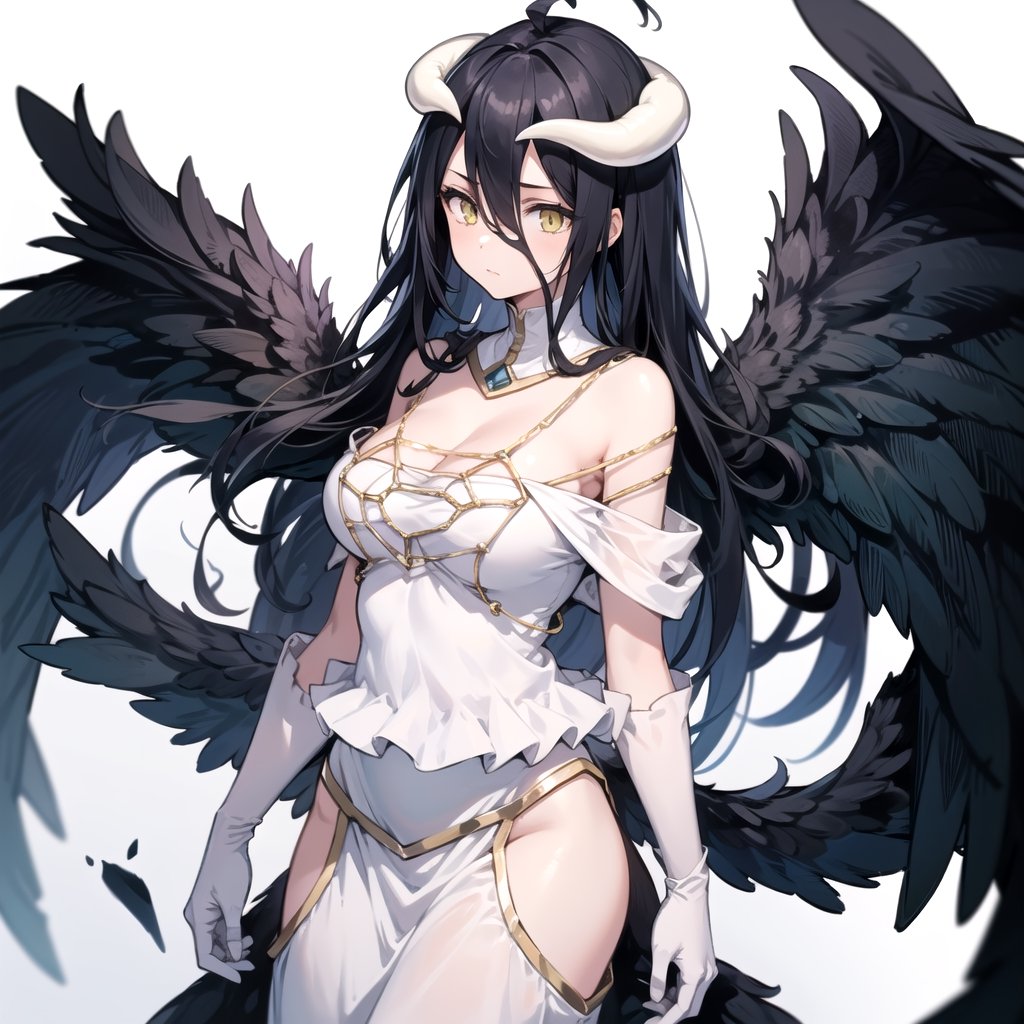//Quality,
masterpiece, best quality
,//Character,
1girl, solo
,//Fashion,
,//Background,
white_background
,//Others,
,al1, demon horns, white gloves, white dress, bare shoulders, detached collar, cleavage, slit pupils, black wings, feathered wings, low wings