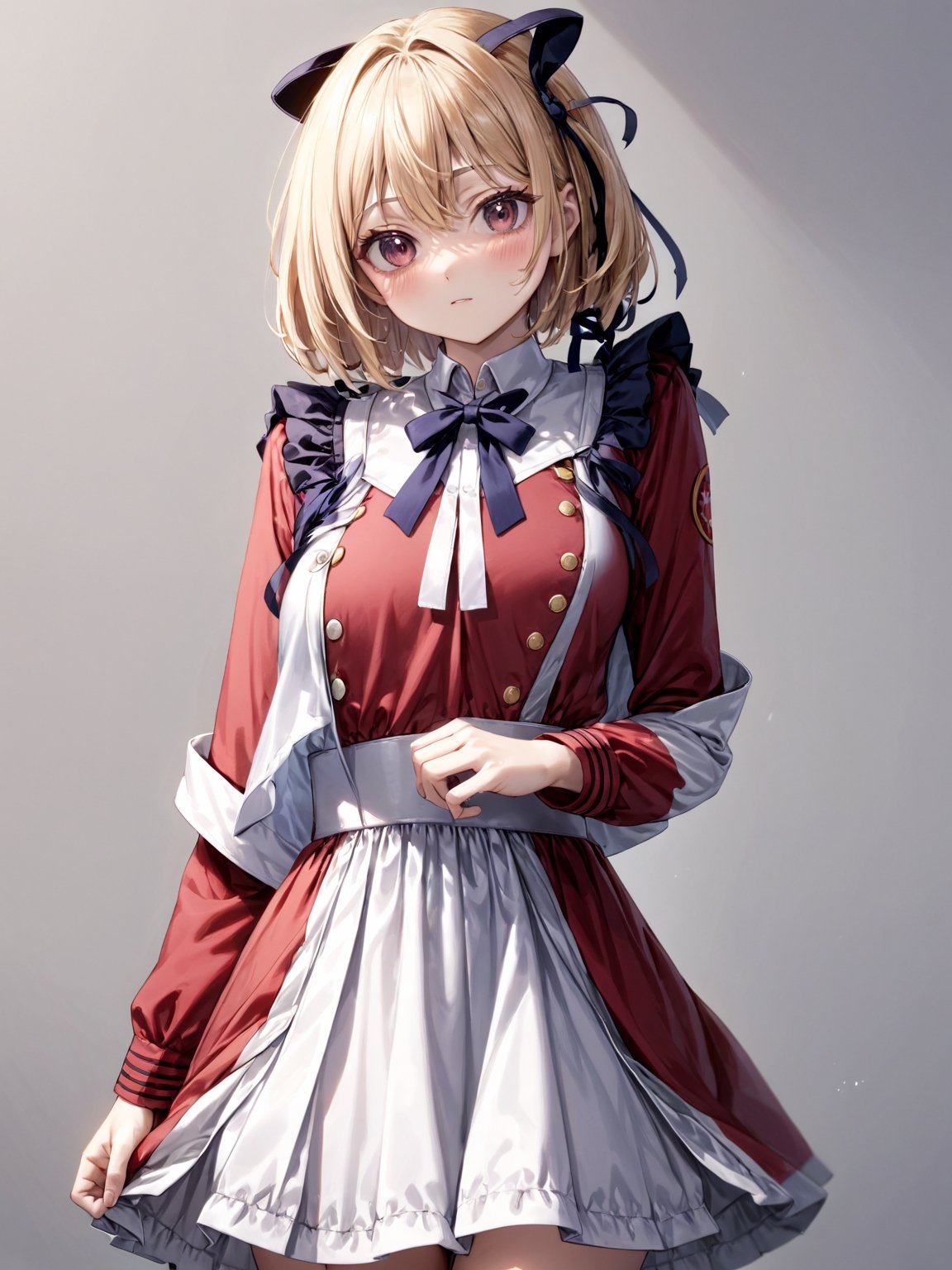 //Quality,
photo r3al, detailmaster2, masterpiece, photorealistic, 8k, 8k UHD, best quality, ultra realistic, ultra detailed, hyperdetailed photography, real photo
,//Character,
1girl, solo, nishikigi chisato, bob cut
,//Fashion,
hair ribbon, lycoris uniform, two-tone dress, red dress, grey dress, neck ribbon, long sleeves
,//Background,
,//Others,
,nishikigi chisato